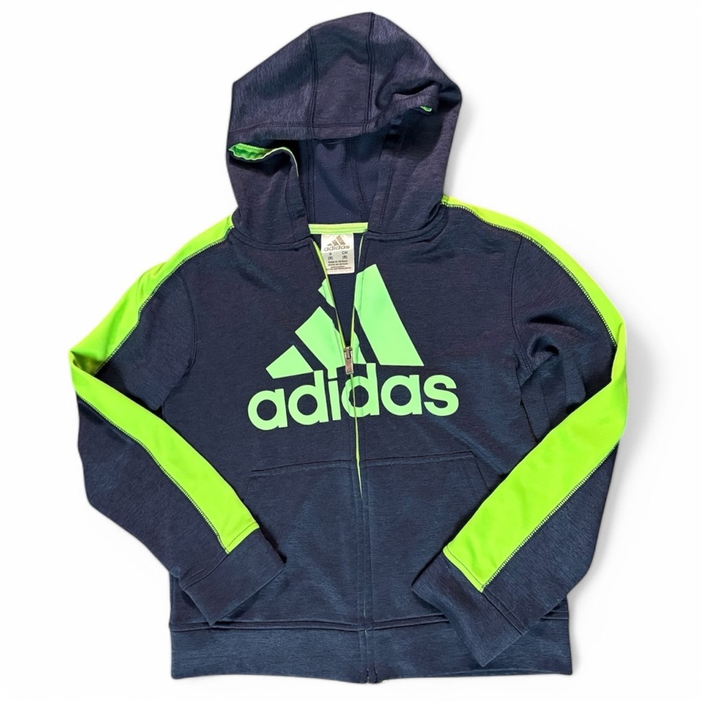 Boys Blue Green Adidas Hooded Hoodie Zip Up Sweatshirt Size Small 8